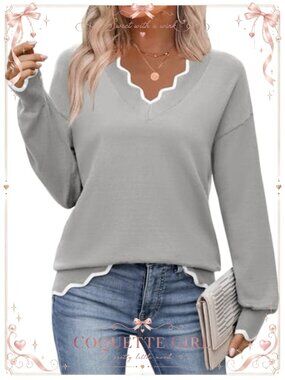 V Neck Ribbed Knit Long Sleeve Pullover Sweater Casual